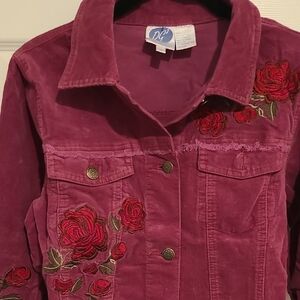 Diane Gilman Raspberey Corduroy Jean Jacket with Rose Embroidery